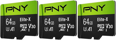 PNY 64GB Elite-X Class 10 U3 V30 microSDXC Flash Memory Card, 3 Count (Pack of 1) - 100MB/s, Class 10, U3, V30, A1, 4K UHD, Full HD, UHS-I, Micro SD