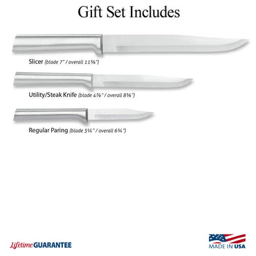 Rada Cutlery 3-Piece Housewarming Knife Gift Set (S02), Stainless Steel Hollow Ground Blades, Made in USA, Silver Handles