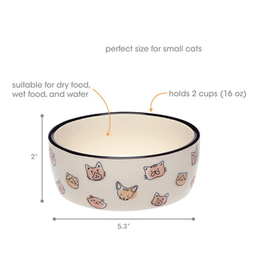 Pearhead Ceramic Bowl, Holds 2 Cups, Cute Whisker-Friendly Dish with Cat Face Design, Non-Slip, Microwave and Dishwasher Safe, Small/Medium