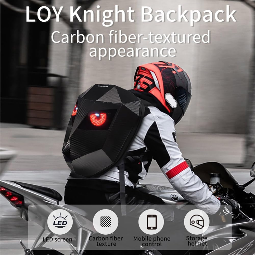 Crelander LED Knight Rucksack, 19-Zoll-Motorradrucksack mit App-Steuerung, programmierbarem Vollfarbdisplay, wasserdicht, großes Fassungsvermögen, Hartschalen-Helmtasche, DIY-Pixel-Art-Animations-Laptop-Tagesrucksack
