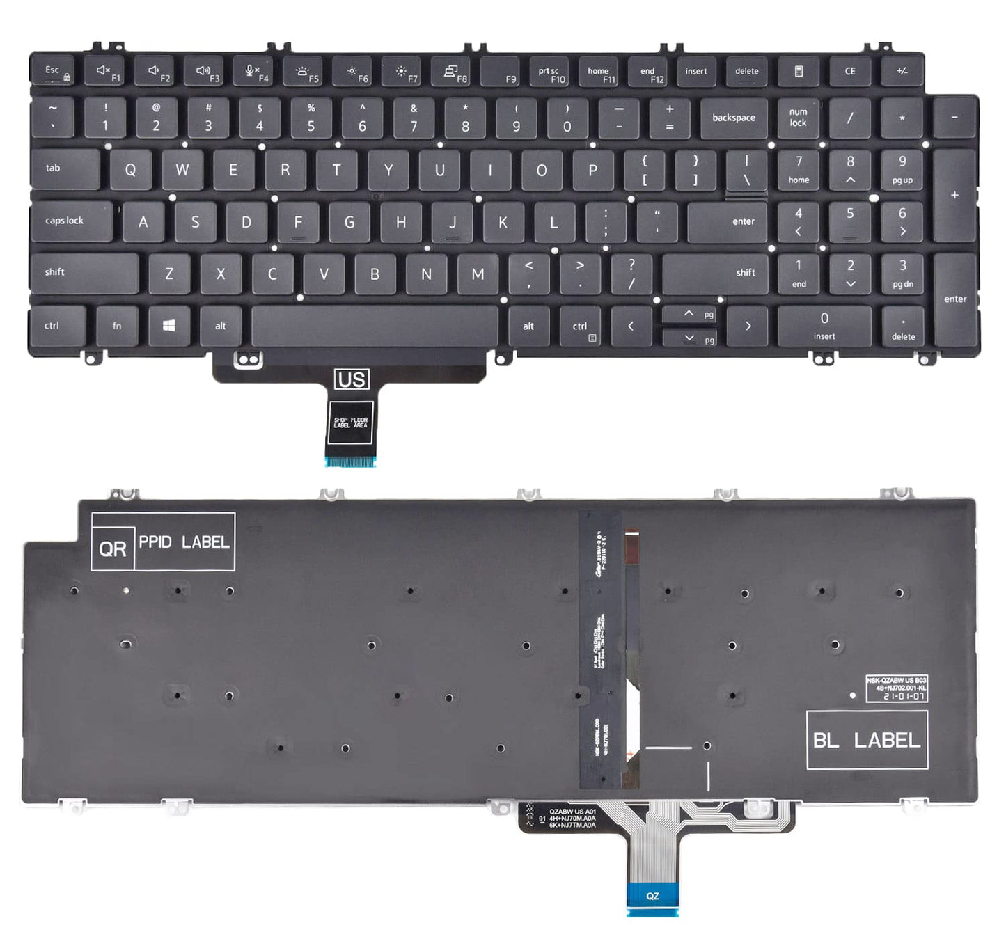 Ersatztastatur für Dell Latitude 5520, 5530, 5540, 5521, 5531, Precision 3560, 3570, 3580, 3561, 3571, 3581, 7670, 7680, 7770, 7780 Laptops mit Hintergrundbeleuchtung (US-Layout), Teilenummer: N7N16 0N7N16