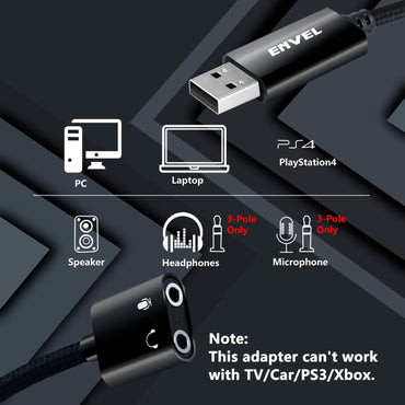 ENVEL USB-auf-3,5-mm-Audioadapter, Aux-auf-USB-Stereo-Soundkarte mit zwei TRS-3-poligen 3,5-mm-Kopfhörer- und Mikrofonbuchsen für PS4/PS5/PC/Laptop, Kopfhöreradapter mit integriertem Chip (Schwarz Pro)