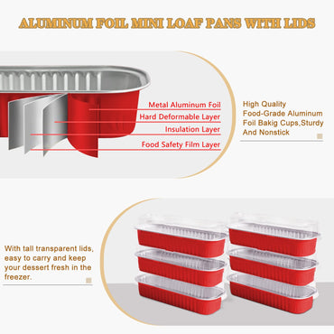 OBXMLFY Mini Cake Pans With Lids And Spoons 50 Pack,6.8 oz Rectangle Mini Loaf Pans Disposable Aluminum Foil Baking Cups Muffin Tins - Pink (50, red)