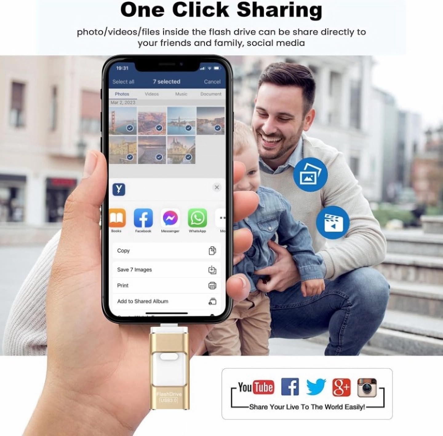 Phoxfer RecovStick 64GB for iPhone 4-in-1 | PhotoTek External USB Flash Drive for Mobile Phones, iPad, Mac's | Storage for Data, Pictures and Movies | Quick One Click Access, Gold