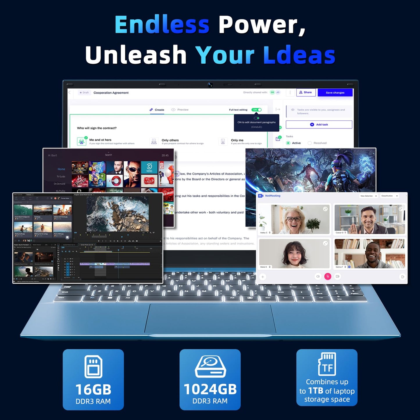 SGIN 15,6-Zoll-Laptop mit 16 GB RAM, 1024 GB SSD, Intel Core i3 Prozessor, Windows 11, tragbarem Notebook, IPS-FHD-Display, WLAN 6, 180°-Öffnungswinkel und Tastatur mit Hintergrundbeleuchtung