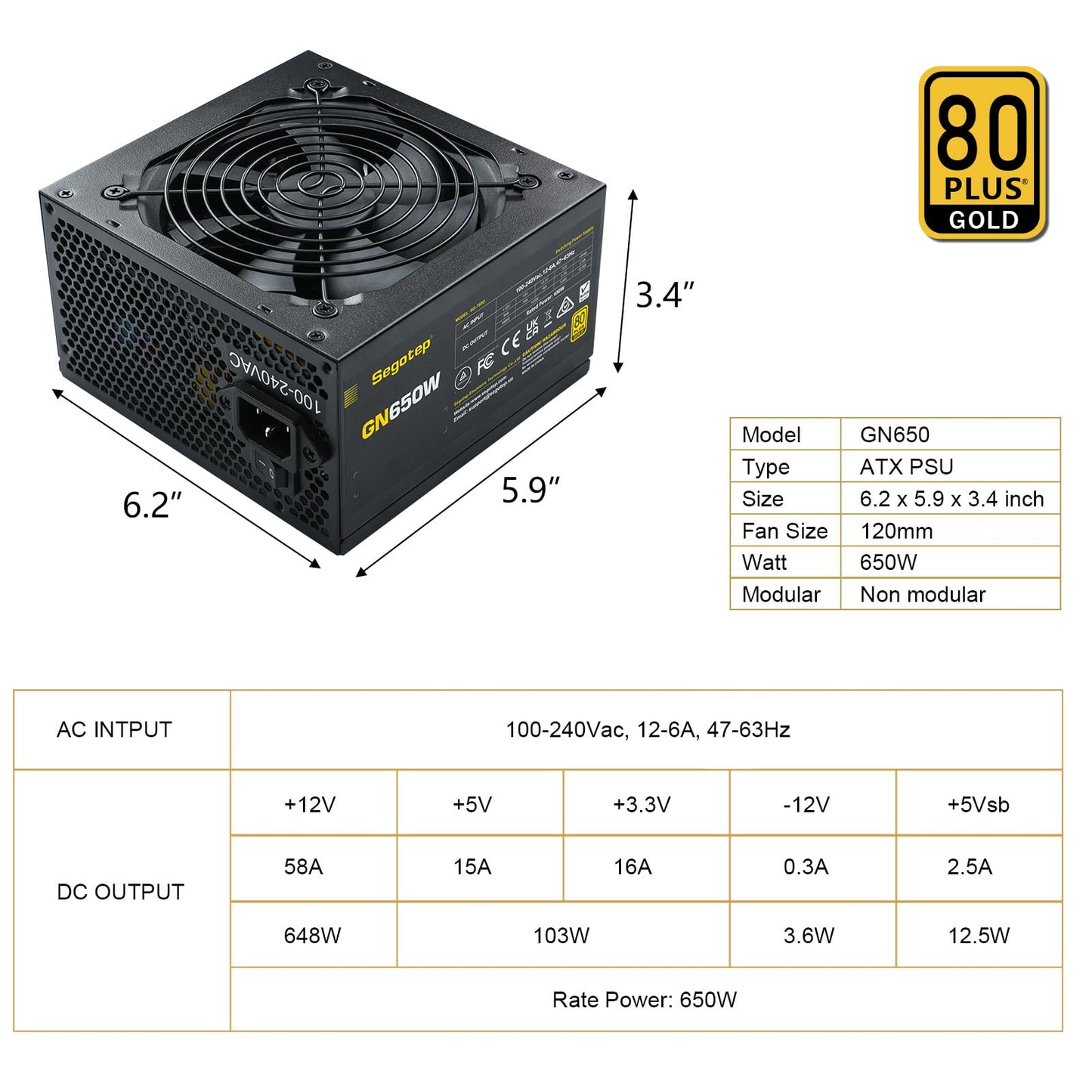 Segotep 650W 80 Plus Gold Certified Non-Modular ATX Power Supply with 6+2 Pin Connectors PFC Protection and RoHS Compliance, 120mm Silent Fan Gaming PSU GN-650 Black
