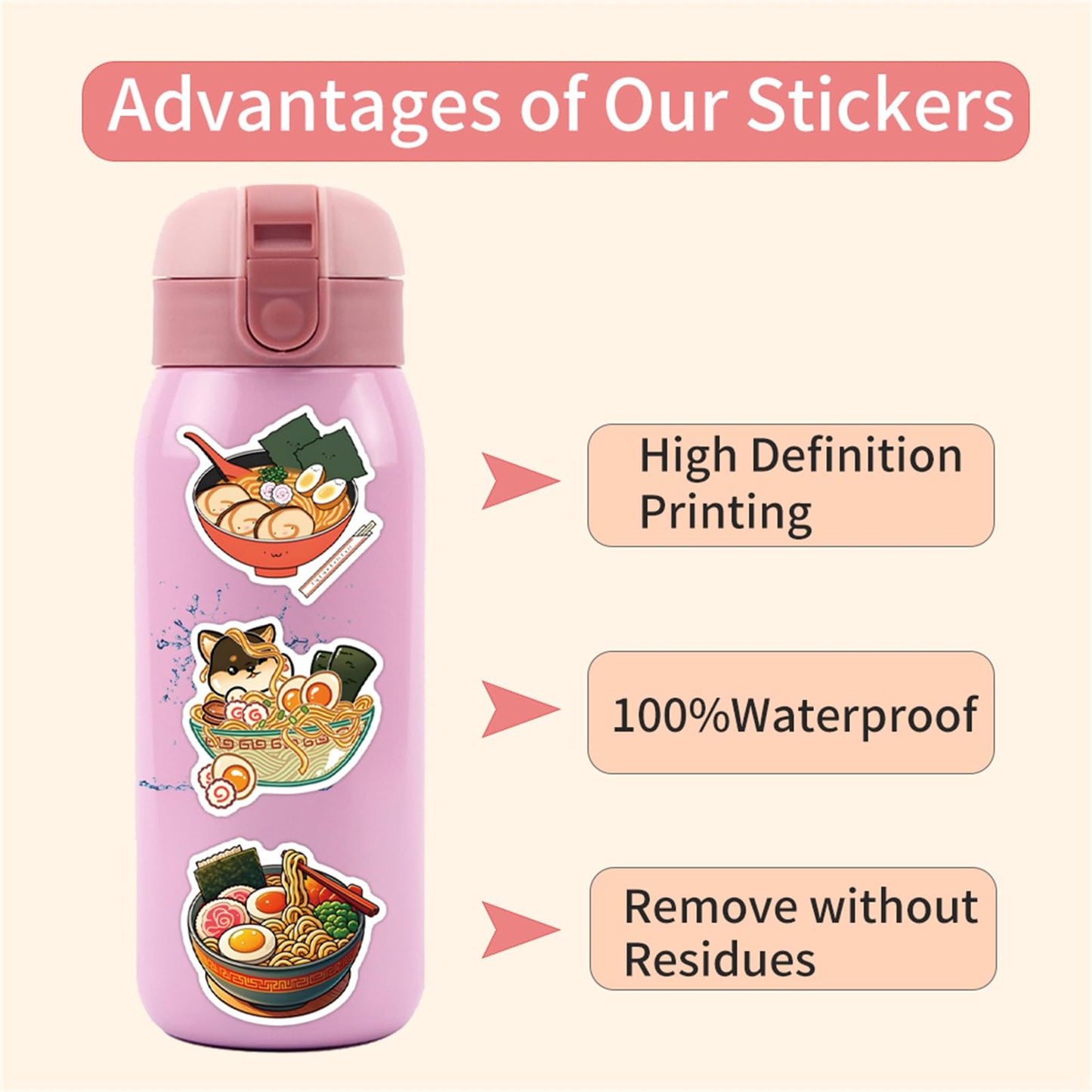 Ramen Stickers for Water Bottle and Laptop 55PCS Yummy Japanese Food Stickers, Foodie Party Favors & Decorations, Waterproof Vinyl Noodle Decals, Cute Ramen Stickers Laptop Decals