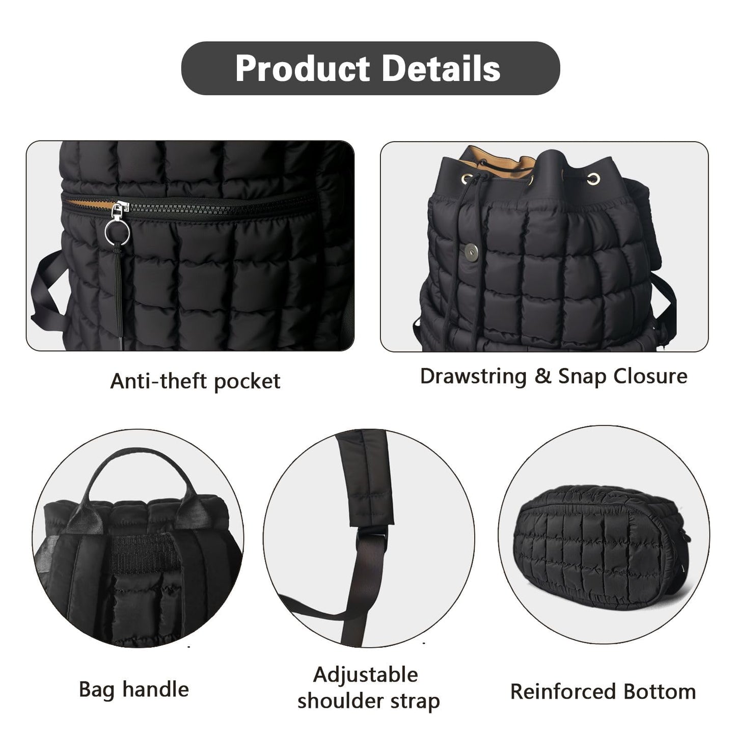 RCRZQ Black Puffer Backpack for Women, Lightweight Drawstring Closure Quilted Laptop Daypack Stylish Anti-Theft Travel Bag