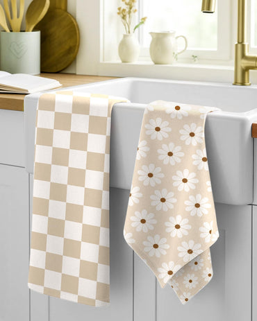 Miss Adola 2 Pack Flour Sack Kitchen Towels - 16x26 Inch Cotton Dish Towels with Hanging Loop Reusable Geometric Boho Modern Retro Tea Towel Absorbent Dishcloths Home Decor, Beige Checkered Flower