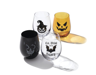 Oneida Barware, Vintro Halloween Stemless Wine Glasses, Set of 4, Dishwasher Safe, Made of Glass, Spooky Drinking Glasses Set, Halloween Decor Indoor, Skeletons and Bats as Design (4 Piece, 18 Oz)