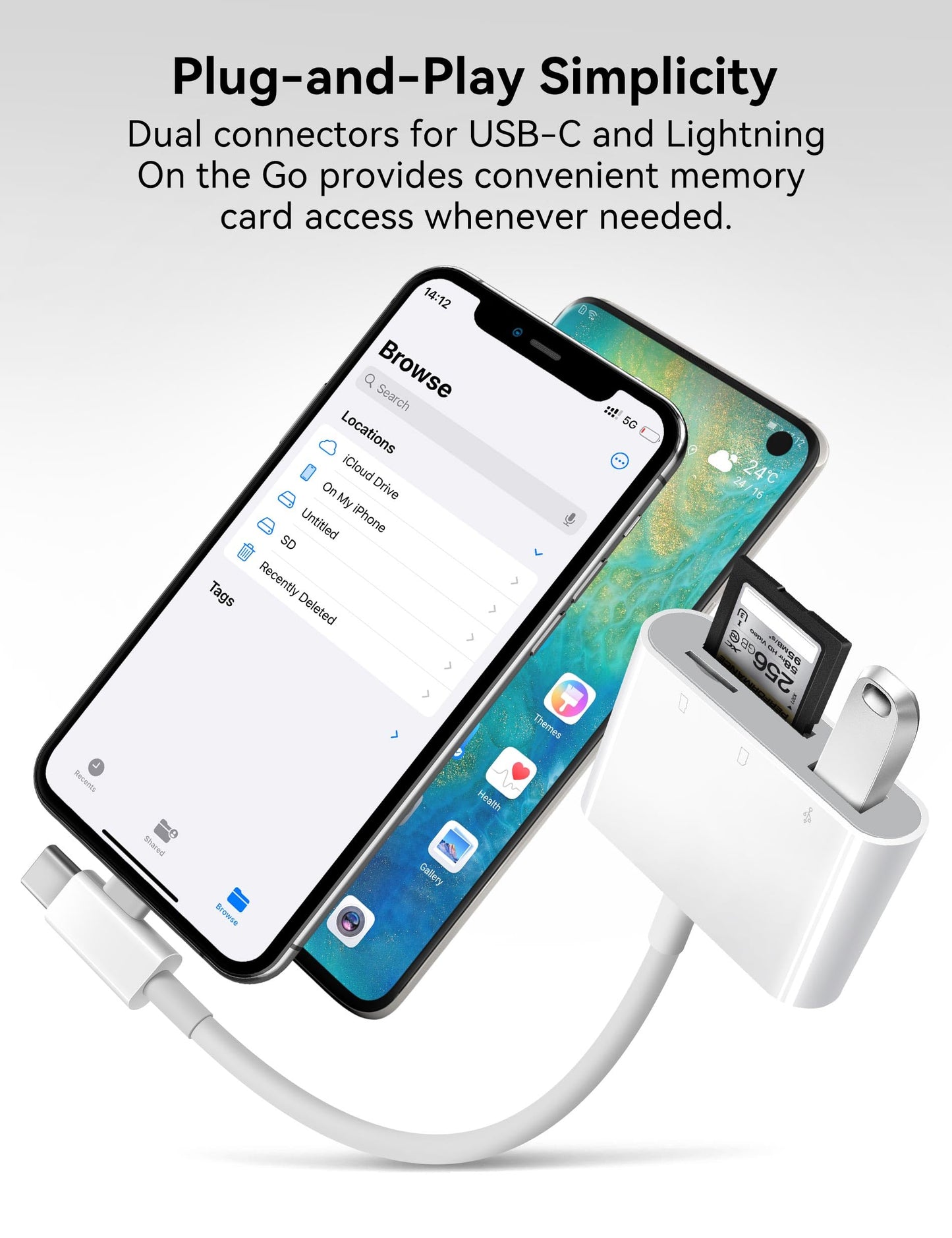 OPxjzws SD-Kartenleser für iPhone, SD-Kartenadapter mit Lightning- und USB-C-Dualanschlüssen, Plug & Play, unterstützt microSD, SD und USB-A OTG, tragbarer Speicherkartenleser für Wildkameras, kompatibel mit iPhone, Mac, MacBook und iPad