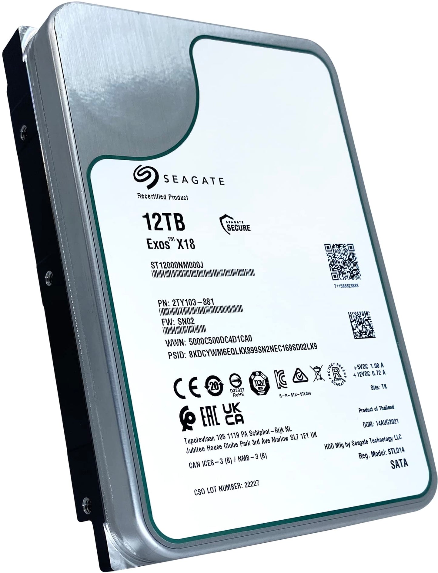 Seagate Exos X18 12 TB 7200 U/min 512e/4Kn SATA 6 Gbit/s 256 MB Cache 3,5-Zoll Enterprise HDD (ST12000NM000J) (Generalüberholt)