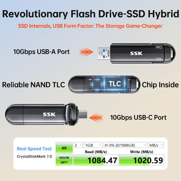 SSK USB Solid State Flash Drive 1TB, External SSD Up to 1000MB/s, Dual Port USB 3.2 Type-C/A, Portable SSD in Zinc Alloy Thumb Drive Stick for iPhone 15/16 Pro, Mac, PC, Android OTG Storage