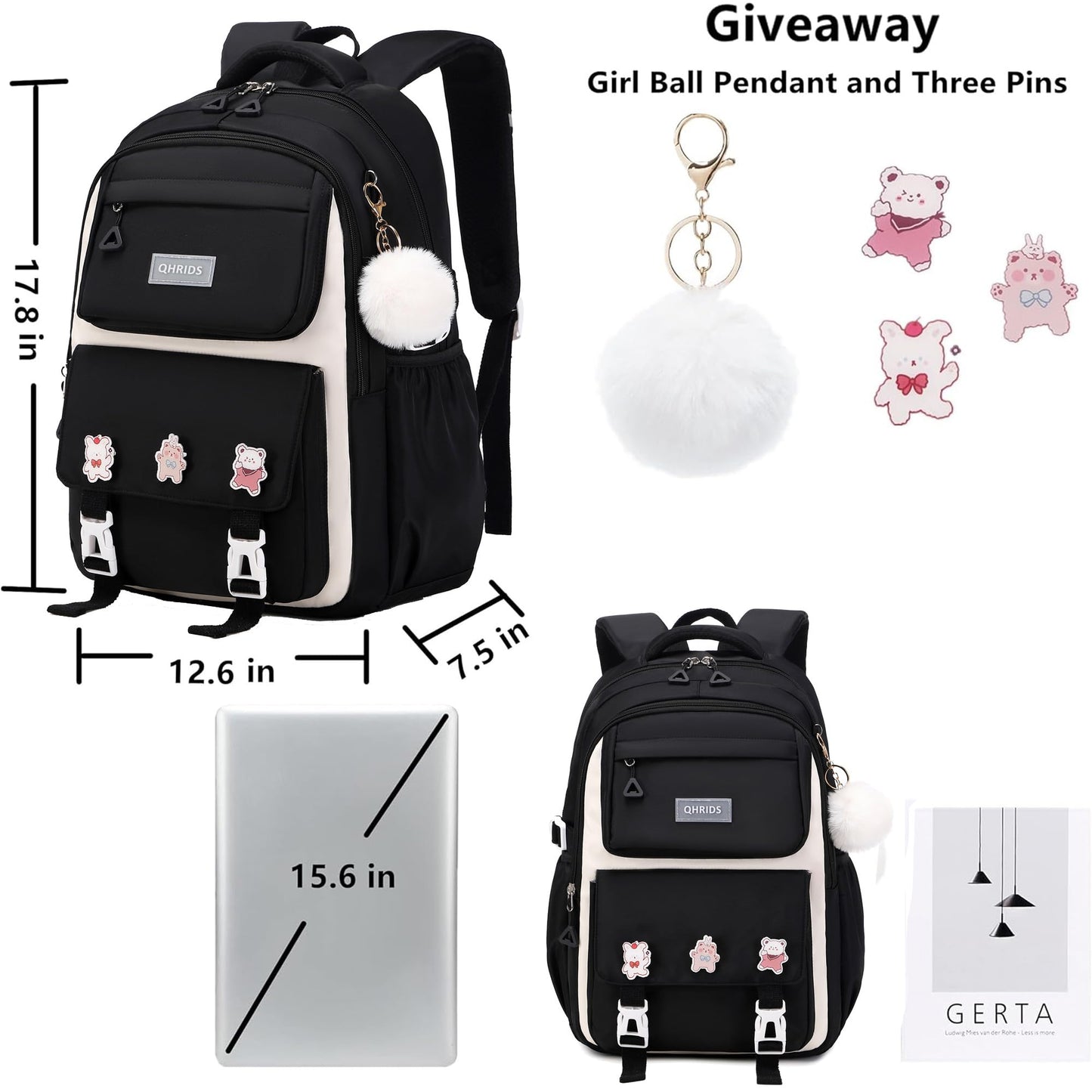 QHRIDS Girls Backpack Aesthetic Laptop Backpacks Kawaii Large Bookbag Anime Casual Travel Daypack,Black