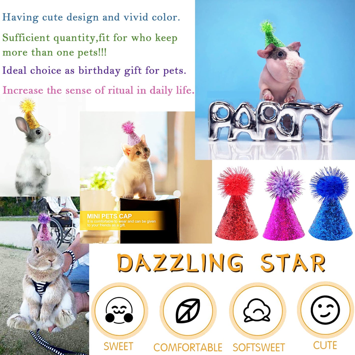 PET SHOW 10pcs Mini Small Dog Hats Cat Birthday Party Hat Rabbit Hats for Holiday Wedding Puppies Kittens Costume Accessories