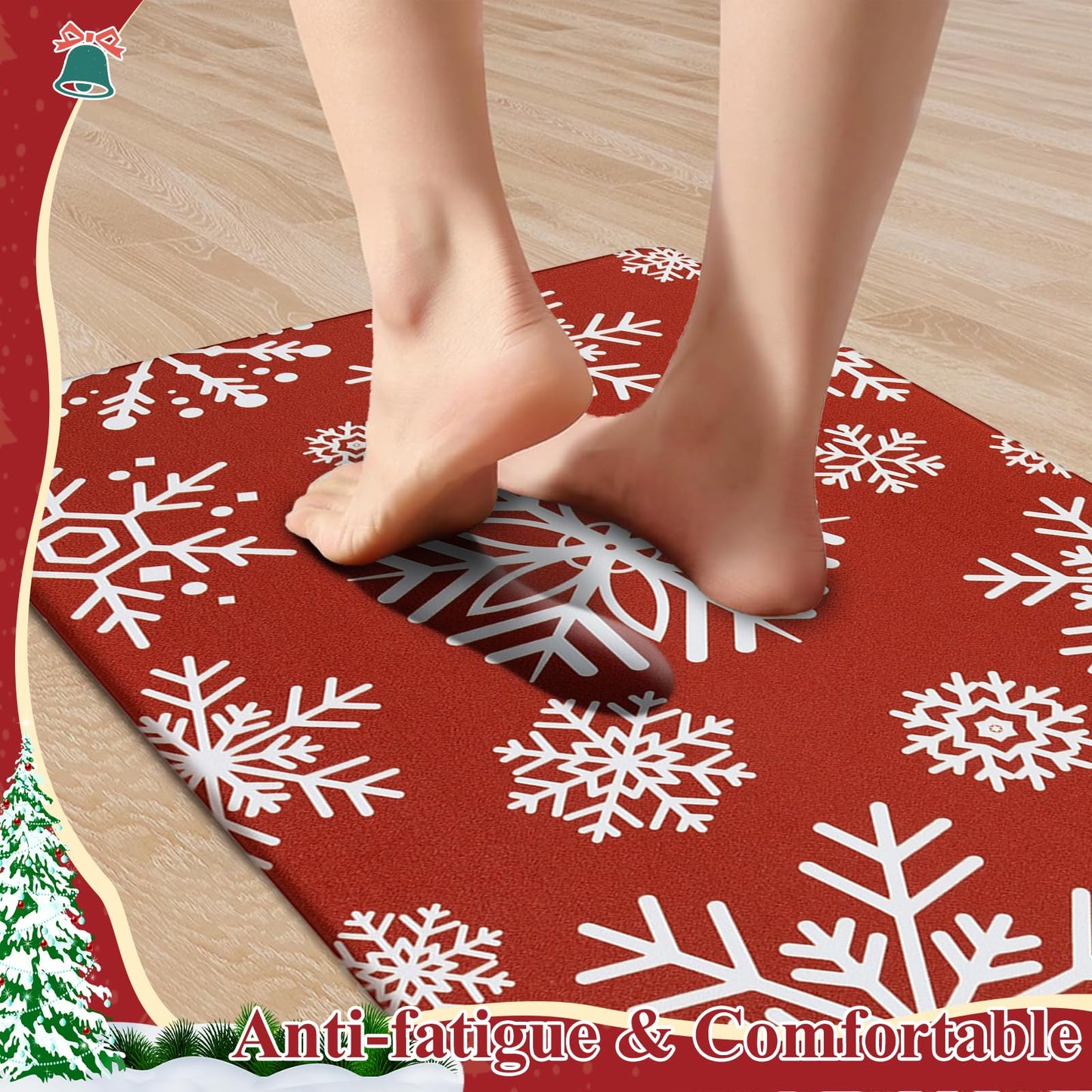 SHACOS Christmas Kitchen Rugs Set of 2 Anti-Fatigue Kitchen Mats Cushioned Red Christmas Kitchen Rugs White Snow Farmhouse Kitchen Mats and Rugs for Xmas 17x27.5+17x47, Snowflakes