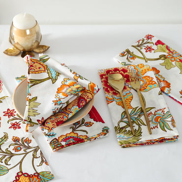 TARAN LIVING Napkins Fall Printed Cotton Cloth Napkin Reusable Boho Dinner Napkin Set Washable Dish Napkin for Gifts, Home Decor, Hotel, New Year Party - Kaveri - Set of 6, 20x20 Inches