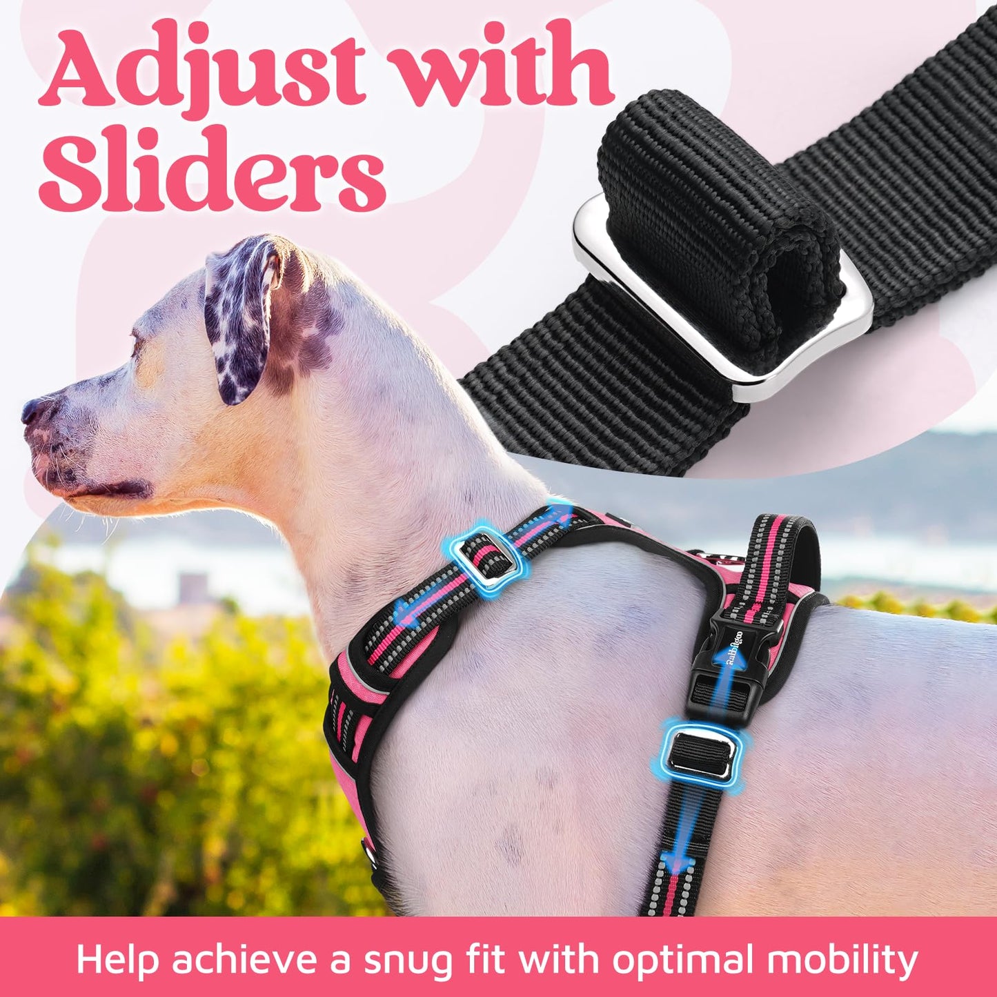 rabbitgoo Hundegeschirr für große Hunde, Anti-Zug-Weste mit 3 Schnallen, verstellbares, weich gepolstertes Geschirr mit praktischem Griff und Reflektorstreifen, Rosa, Größe L