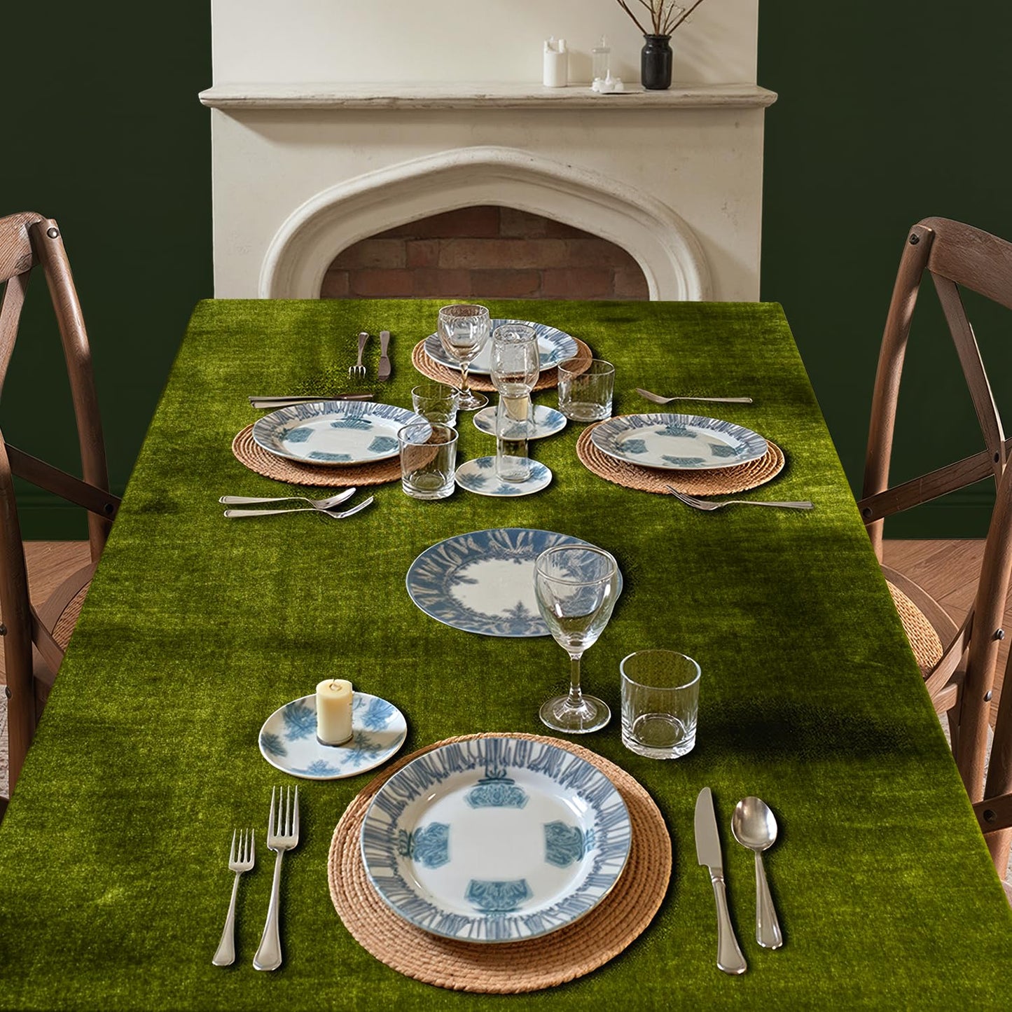 MIULEE Velvet Table Cloth with Decorative Ruffle Edge Luxurious Soft Washable Rectangular Tablecloth Thick Wrinkle-Resistant Oblong Table Cover for Kitchen Dining Party Wedding 60x120 Inch Olive Green