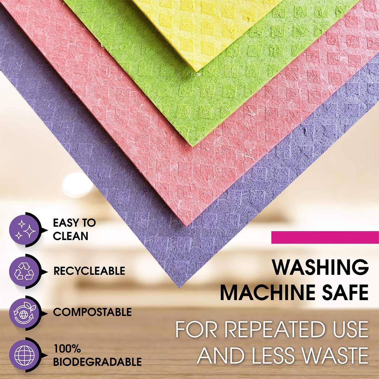 PINK RHINO LABS Swedish Dishcloths - Eco-Friendly Reusable Kitchen Towels - 10 Pack Cleaning Cloths for Dishes, Counters & Surfaces - Super Absorbent, Compostable, Zero-Waste Alternative
