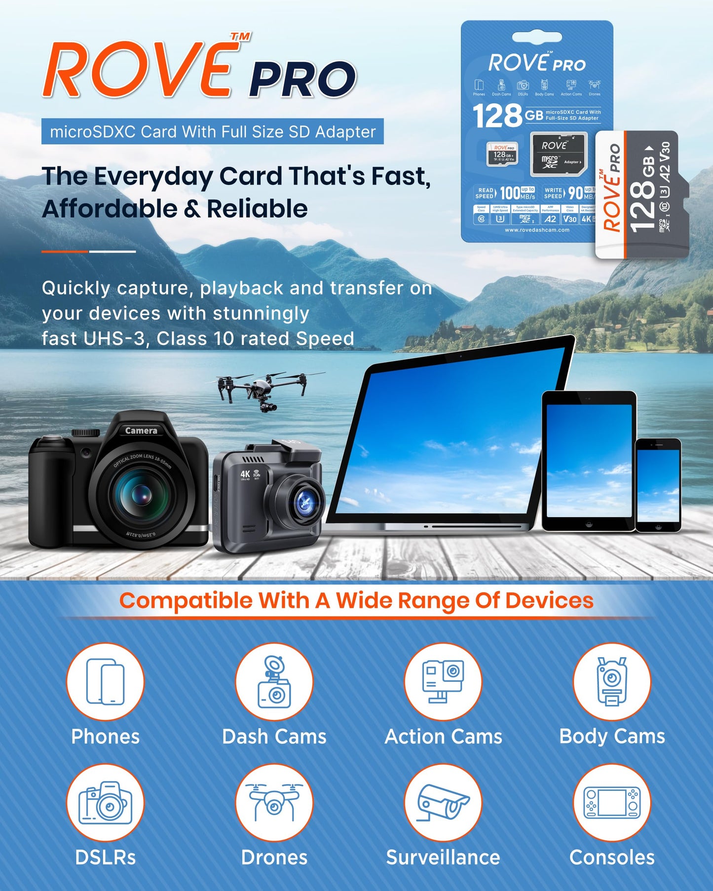 ROVE PRO Micro-SD-Karte microSDXC 128 GB Speicherkarte mit SD-Adapter in voller Größe, 100 MB/s Lesegeschwindigkeit, C10, U3, V30, 4K, A2 für Dashcams, Android-Smartphones, Tablets und Spiele