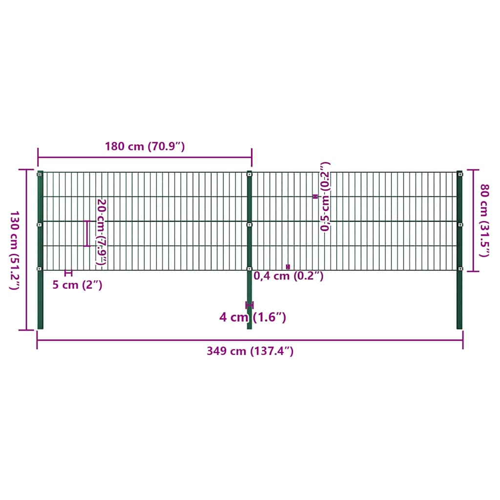 Zaunelement mit Pfosten Eisen 349 x 80 cm Grün