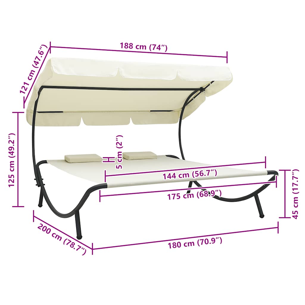 Sonnenliege mit Sonnendach und Kissen Cremeweiß