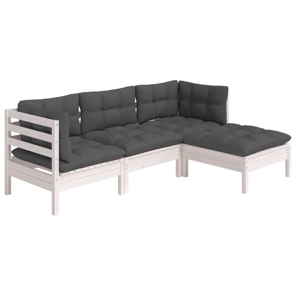 4-tlg. Garten-Lounge-Set mit Kissen Weiß Kiefernholz
