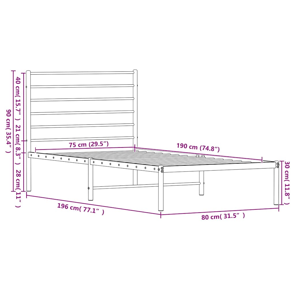 Bettgestell mit Kopfteil Metall Schwarz 75x190 cm