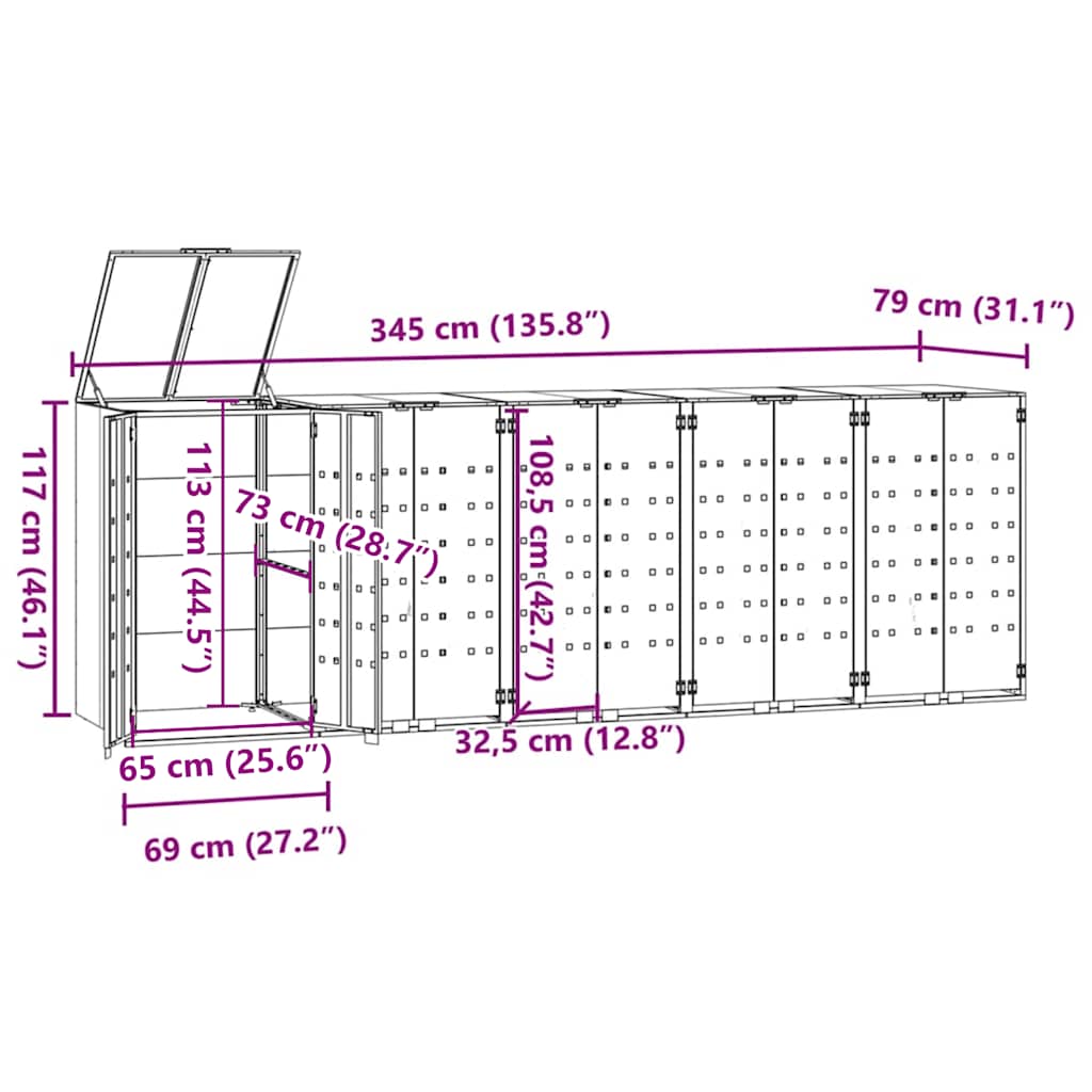 Mülltonnenbox für 5 Tonnen Schwarz 345x79x117 cm Stahl