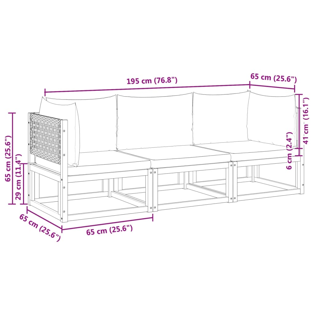 3-tlg. Gartensofa-Set mit Kissen Holz Akazie & Rattan