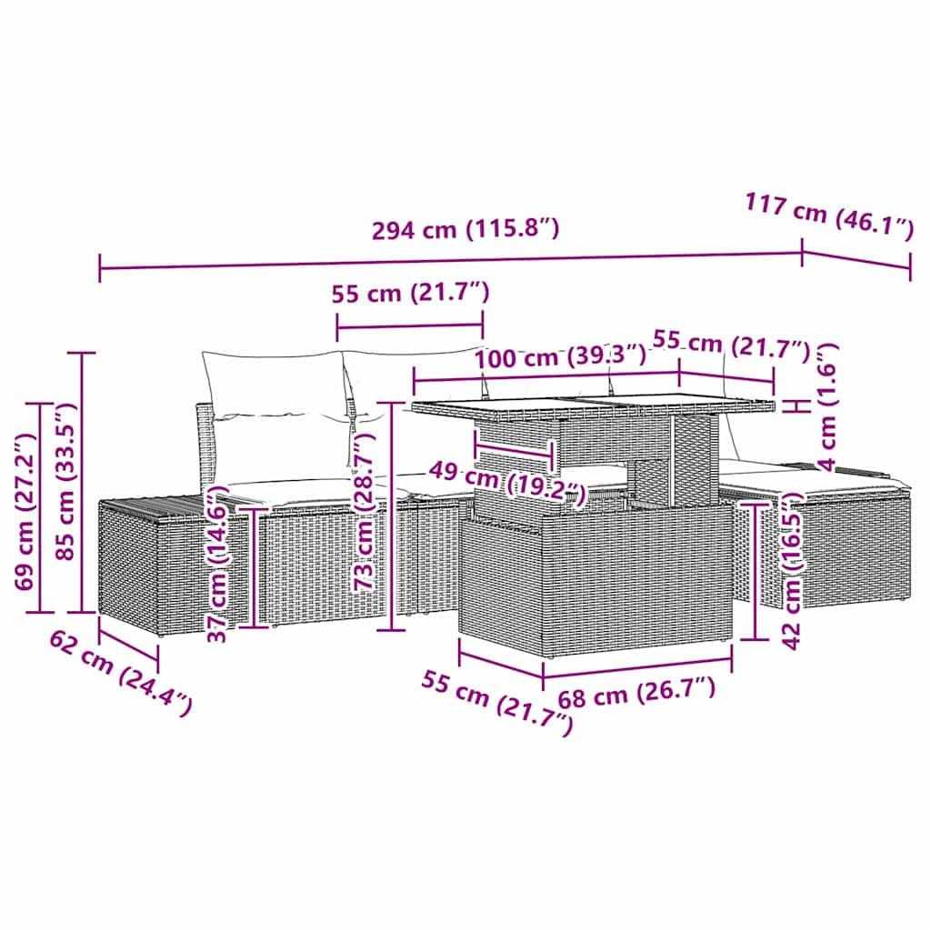 Gartensofa-set mit Kissen 6 pcs Beige und Hellgrau Poly-Rattan
