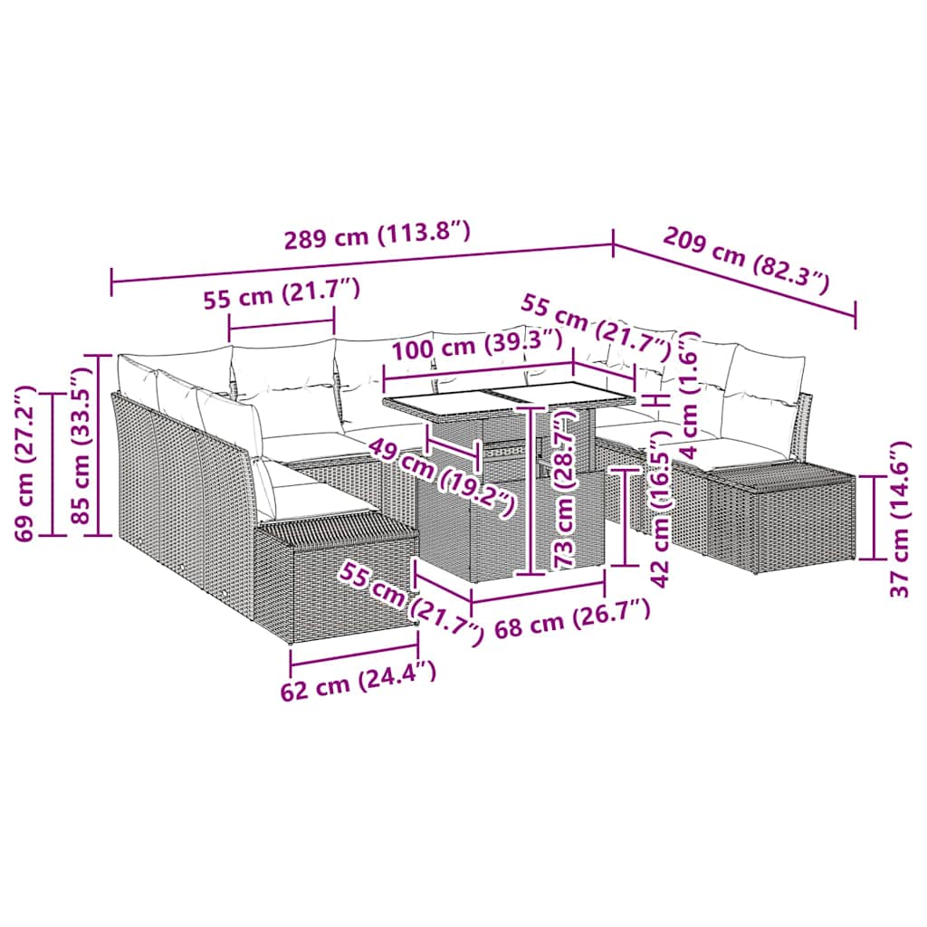 Garten-Sofa-Set mit Kissen 10 pcs Schwarz und Creme