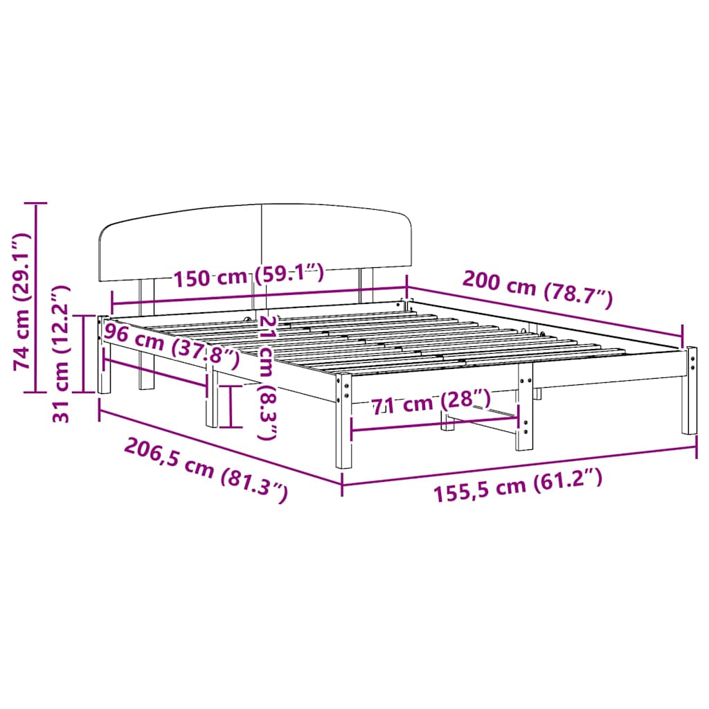 Bettrahmen mit Kopfteil Weiß 150 x 200 cm Massives Kiefernholz