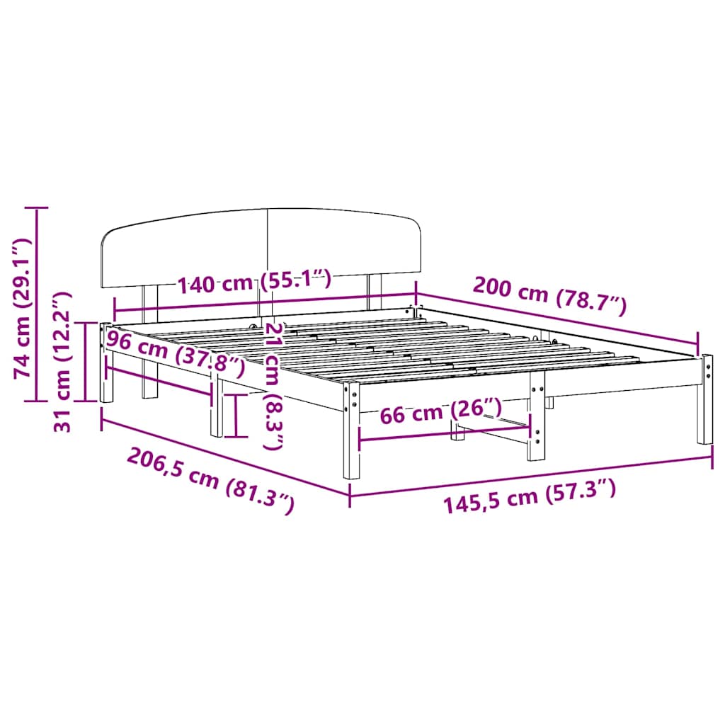 Bettrahmen mit Kopfteil Weiß 140 x 200 cm Massives Kiefernholz