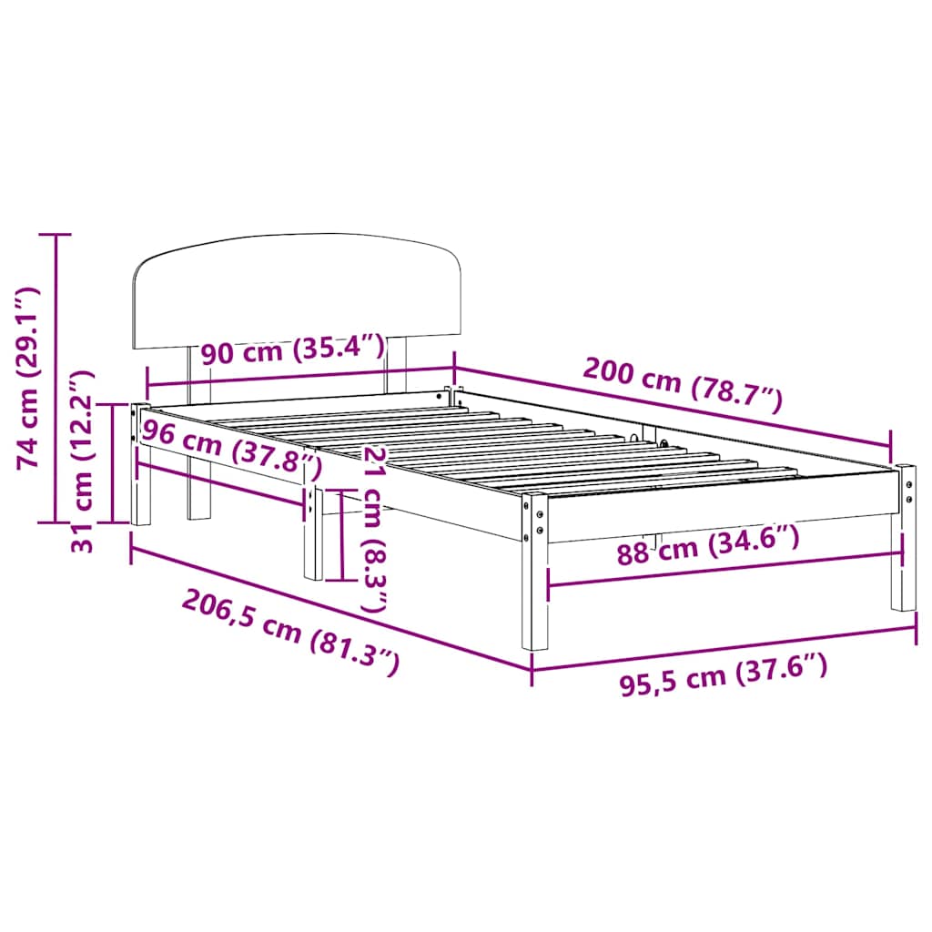Bettrahmen mit Kopfteil Weiß 90 x 200 cm Massives Kiefernholz