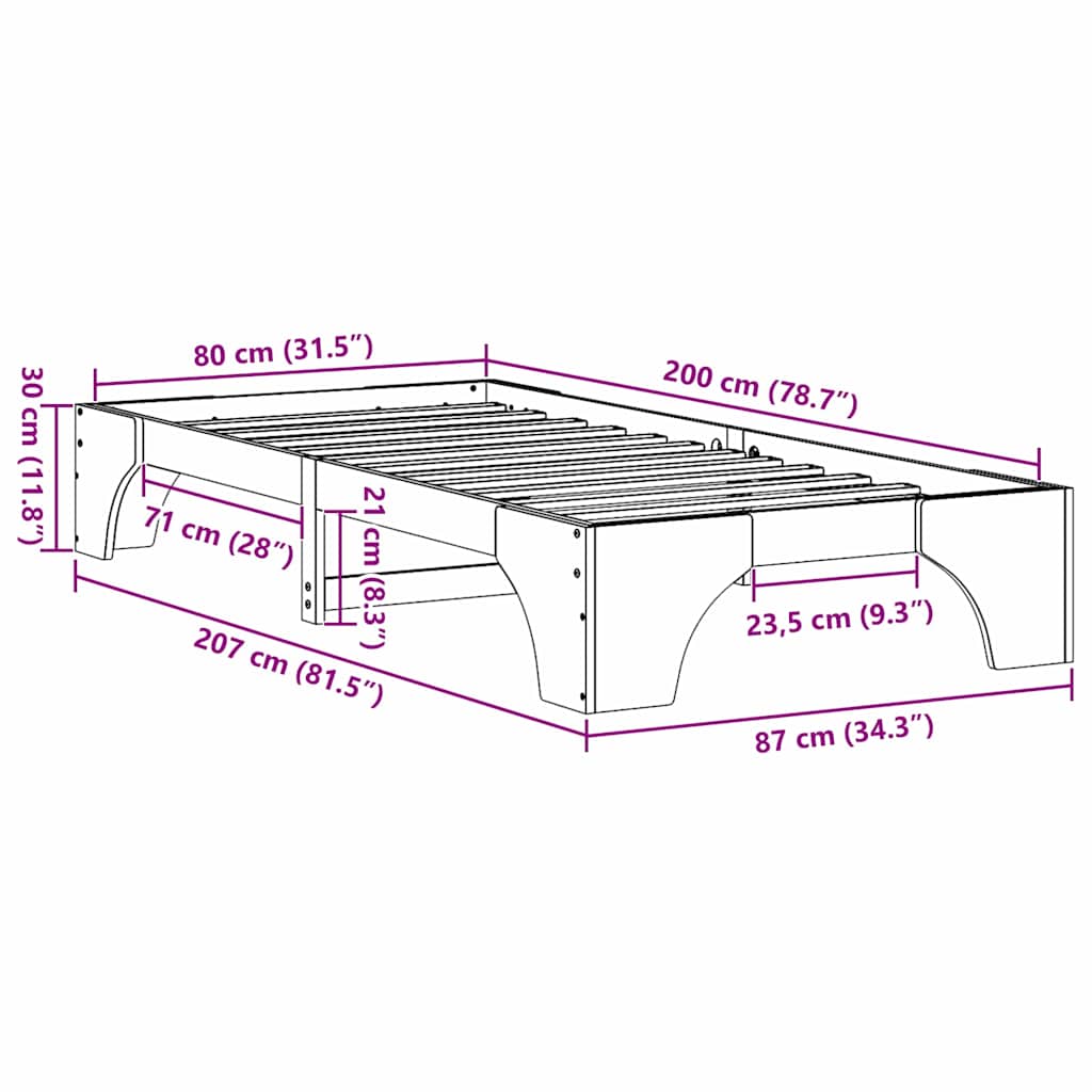 Bettrahmen Wachsbraun 80 x 200 cm Massives Kiefernholz