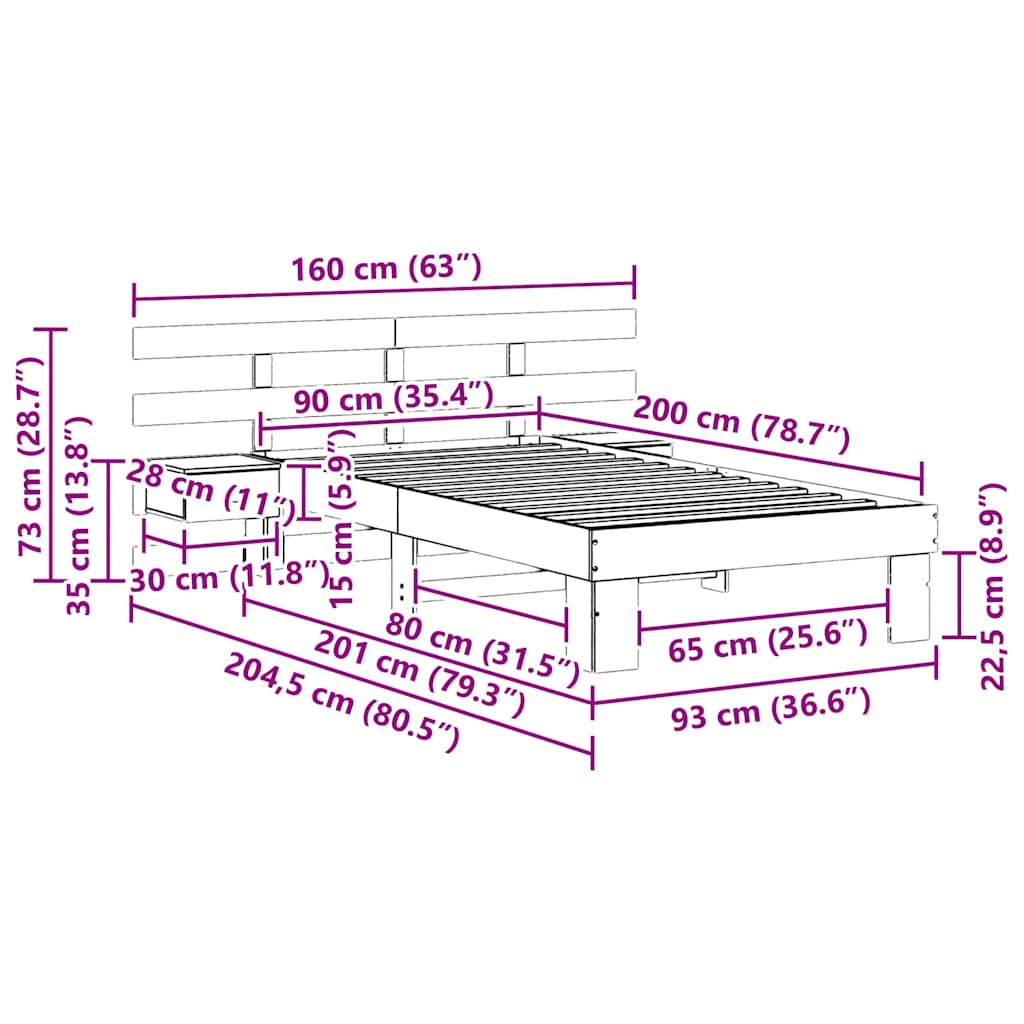 Bettrahmen mit Kopfteil Braun 90 x 200 cm Massives Kiefernholz