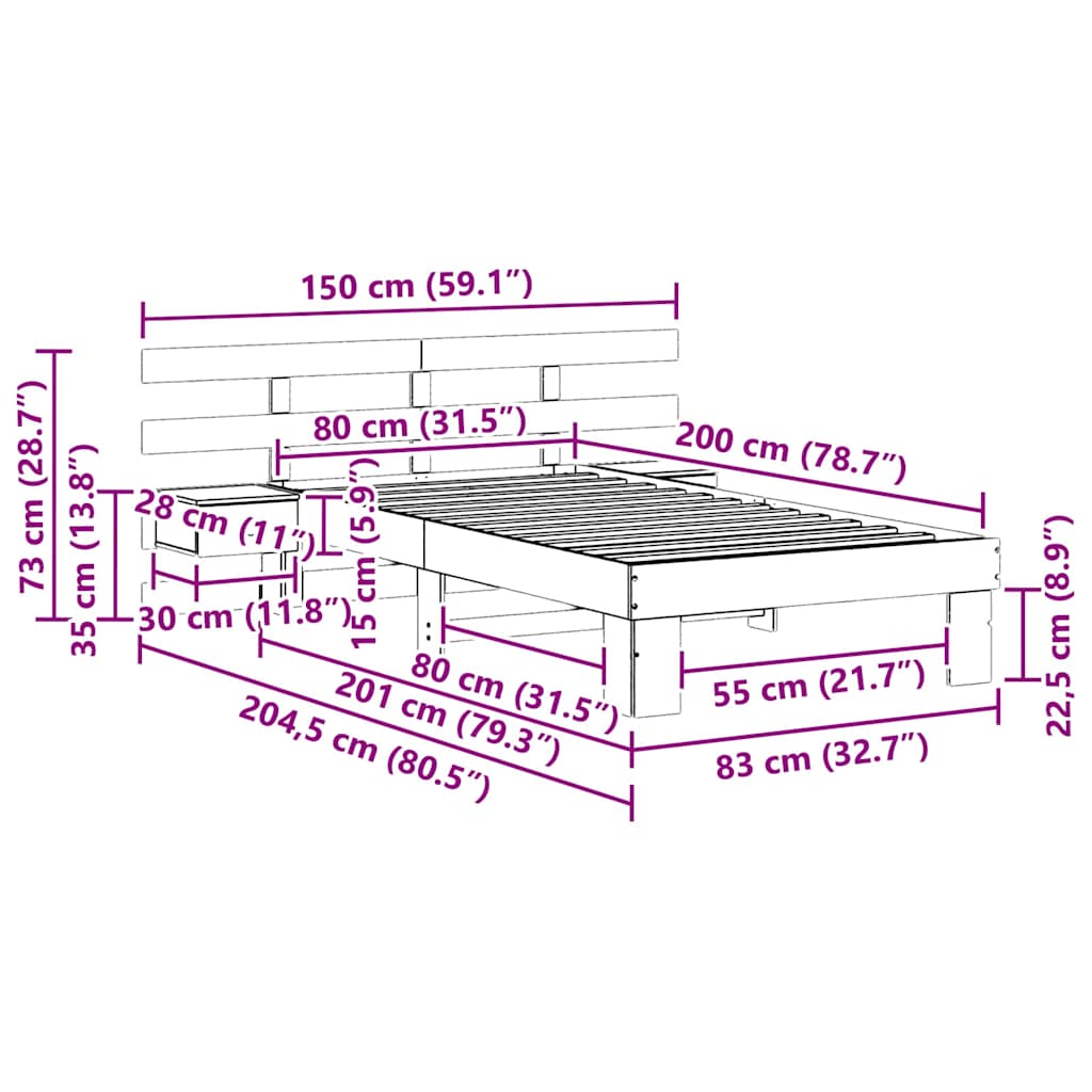 Bettrahmen mit Kopfteil Braun 80 x 200 cm Massives Kiefernholz
