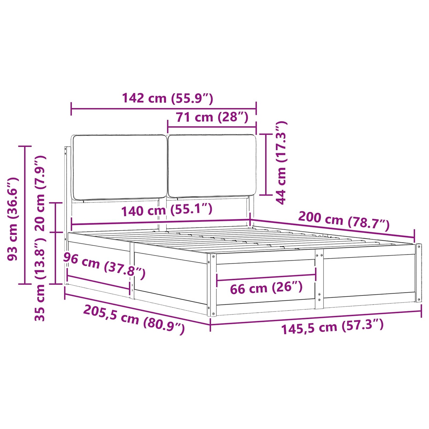 Bettgestell mit gepolstertem Kopfteil Schwarz 150 x 200 cm