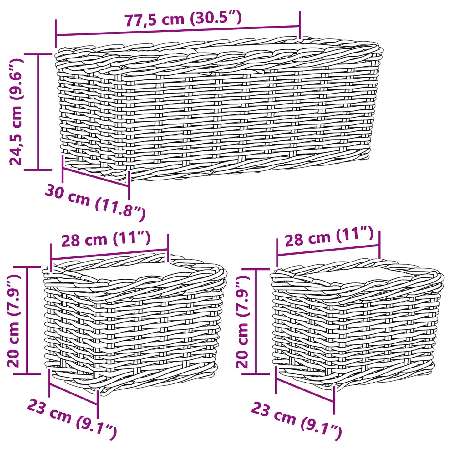 Blumentopfkorb mit Speicher 3 pcs Grau Kubu Rattan