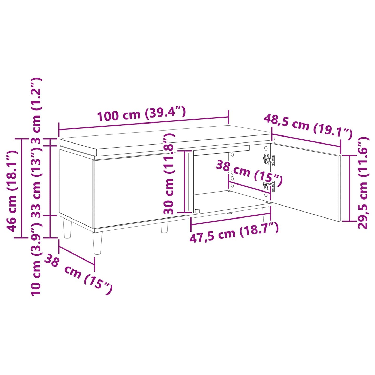 Flurbank mit Kissen mit Tür Schwarze Eiche 100 x 38 x 46 cm