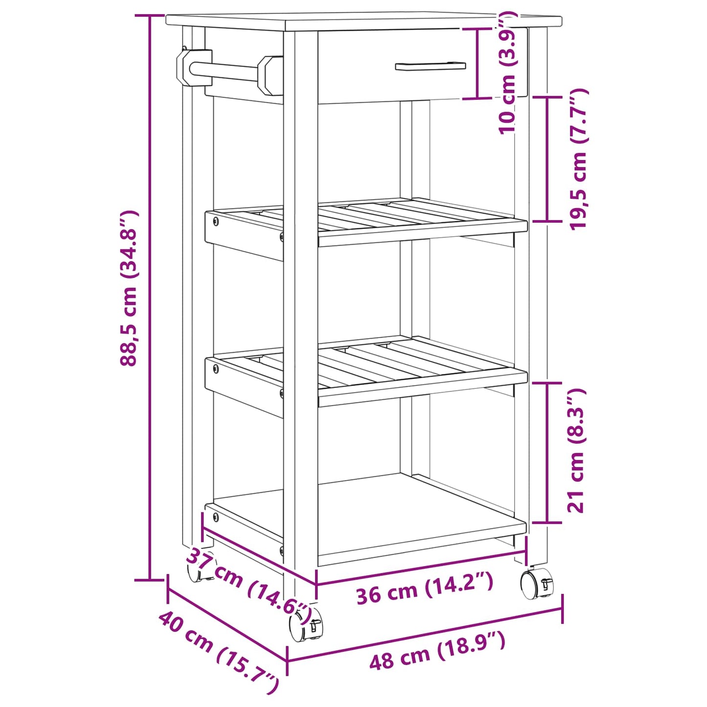 Küchentrolley MONZA Schwarz 48 x 40 x 88,5 cm Massivholz Kiefer