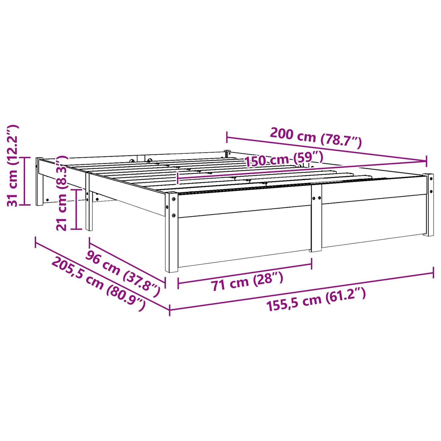 Bettrahmen Wachsbraun 150 x 200 cm Massivholz Kiefer