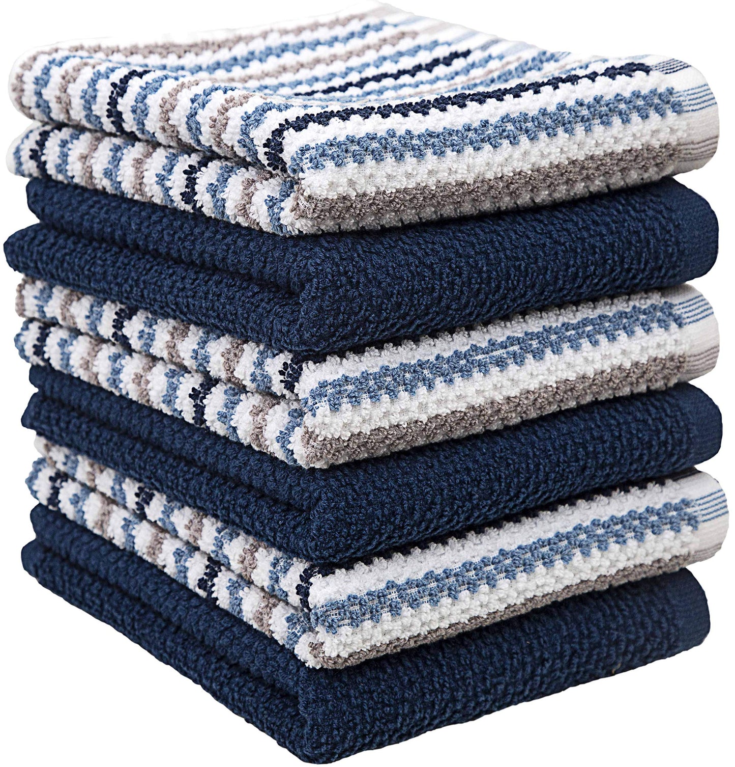 Premium Kitchen Towels (16”x 26”, 6 Pack) | Large Cotton Kitchen Hand Towels | Popcorn Striped Design | Dish Towels | 430 GSM Highly Absorbent Tea Towels Set with Hanging Loop | Blue