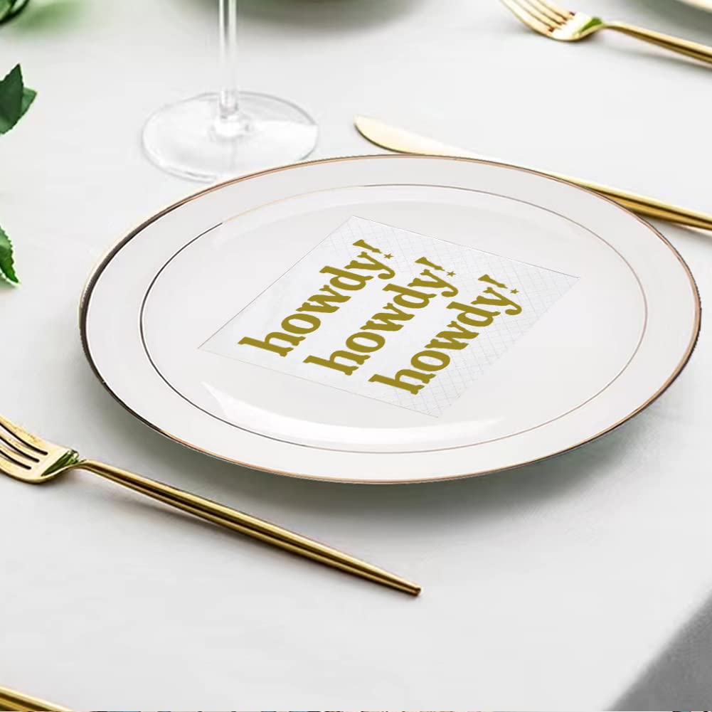 SharkBliss Howdy Cocktail Napkins, 100 Pack Howdy Paper Cocktail Napkins for Western Cowgirl Disco Last Rodeo Nashville Bachelorette Bridal Shower Table Decor | 2-Ply, 5x5" (Gold)