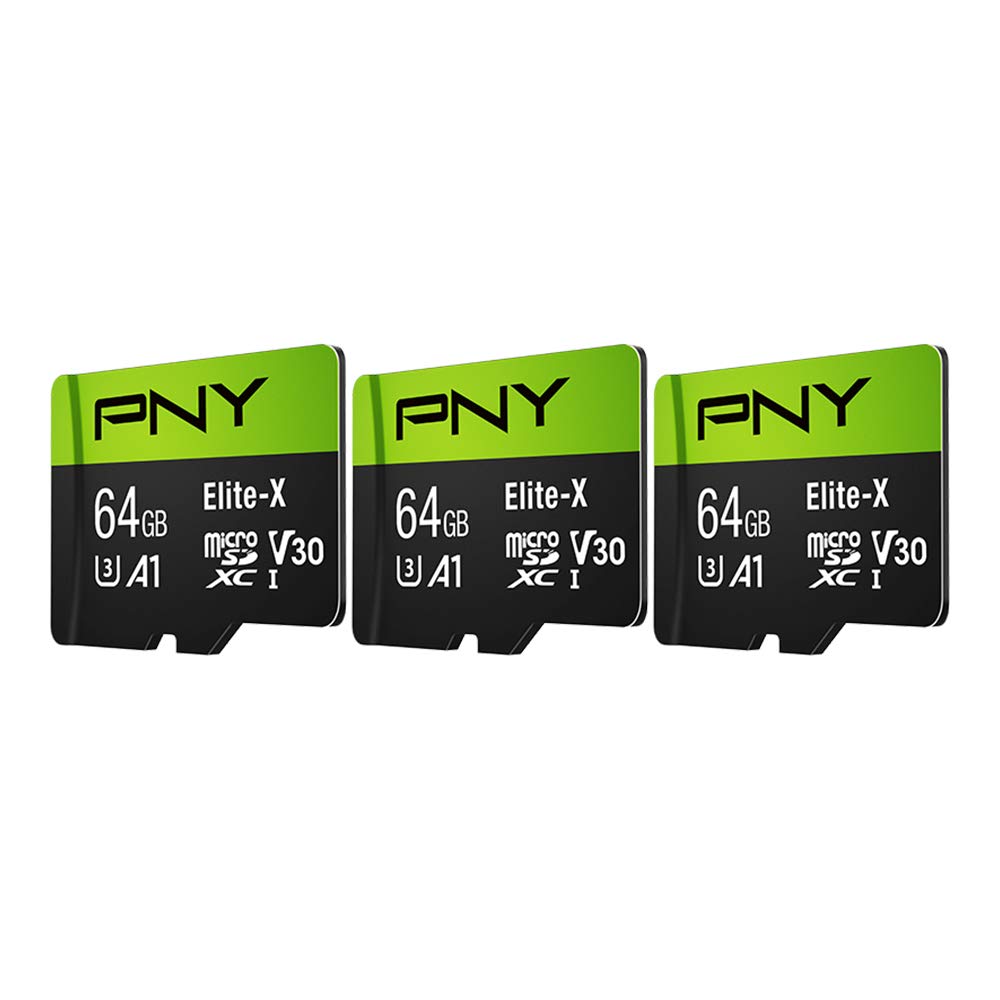 PNY 64GB Elite-X Class 10 U3 V30 microSDXC Flash Memory Card, 3 Count (Pack of 1) - 100MB/s, Class 10, U3, V30, A1, 4K UHD, Full HD, UHS-I, Micro SD