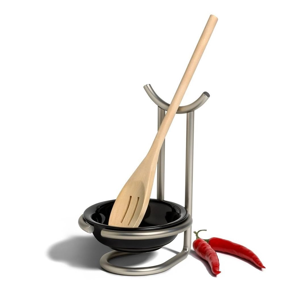 Spectrum Euro Stehender Löffelhalter mit Keramikschale, aufrechter Küchenutensilienhalter für Herd und Backofen, moderner Stahlständer mit Tropfauffangschale, Herdplatten-Kellenhalter, Nickel-Finish