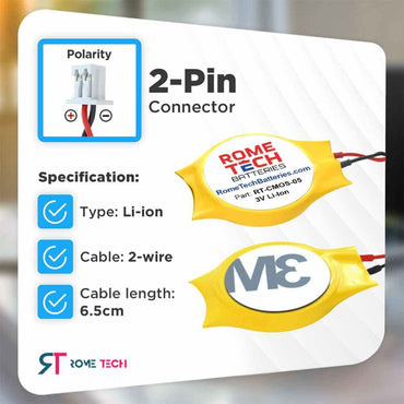 Rome Tech CMOS Battery for Dell Alienware M11x, M11x R2, M11x R3, M14x, M14x R2 - Backup BIOS RTC 3V CR2032 with 2 Pin 2 Wire Cable