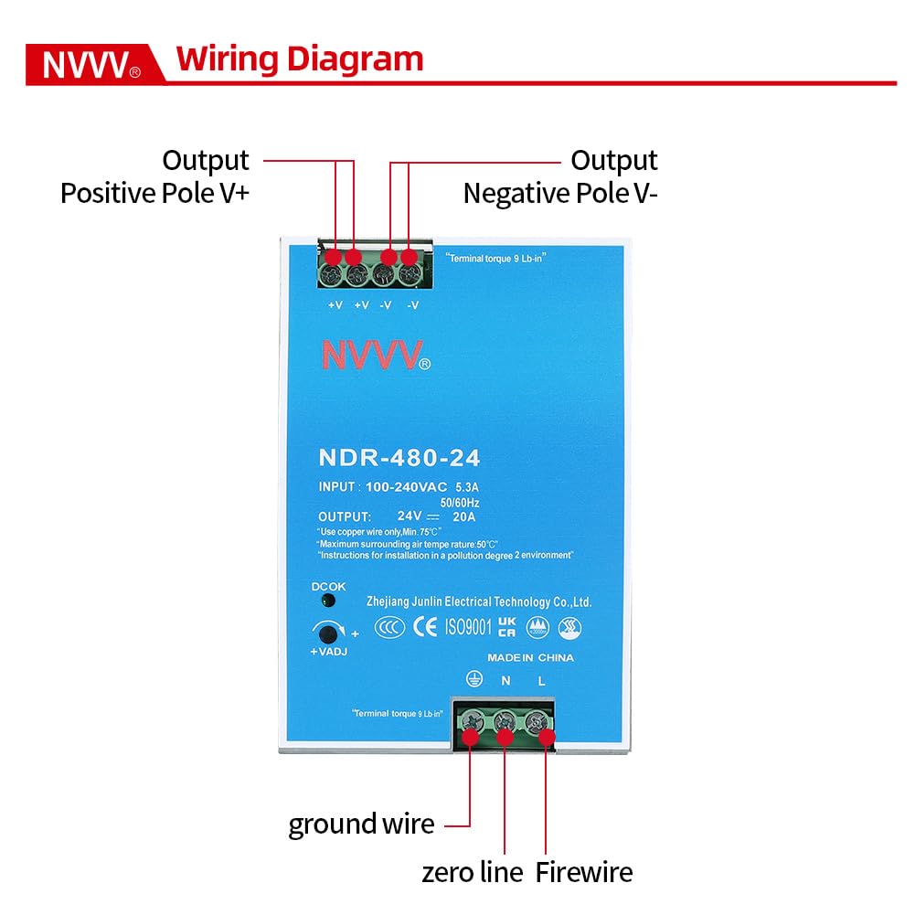 NDR-480-24 24VDC 20 Amp 480W Industrial DIN Rail Power Supply Built-in Active PFC Function Silver+Blue